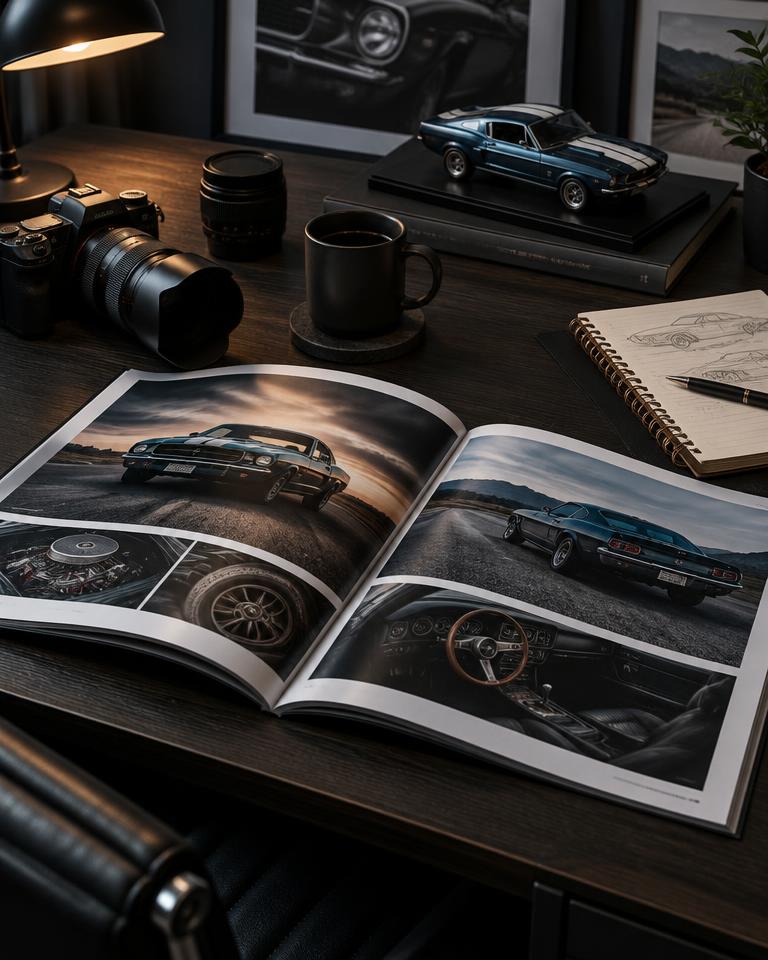 Editor's desk with an open car magazine and camera