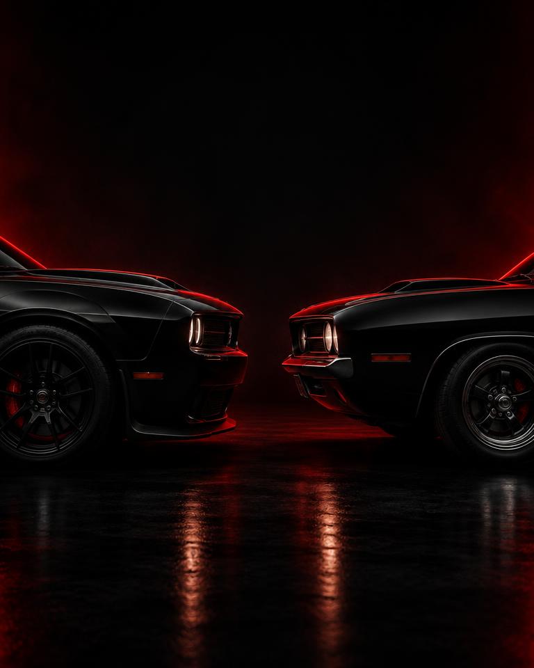 Two muscle cars facing each other in a dark studio