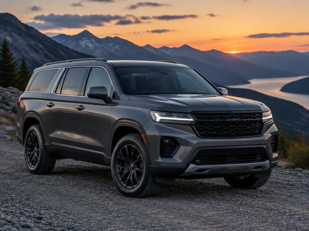 Illustrative gray three-row SUV on a mountain road at dusk