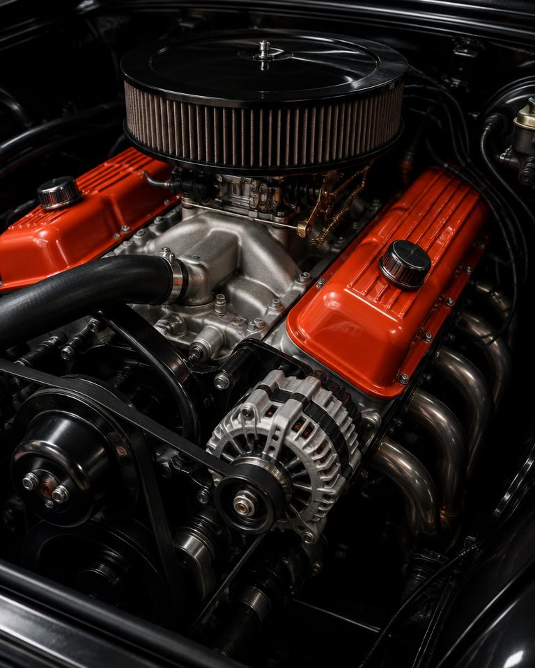 V8 engine bay with orange valve covers