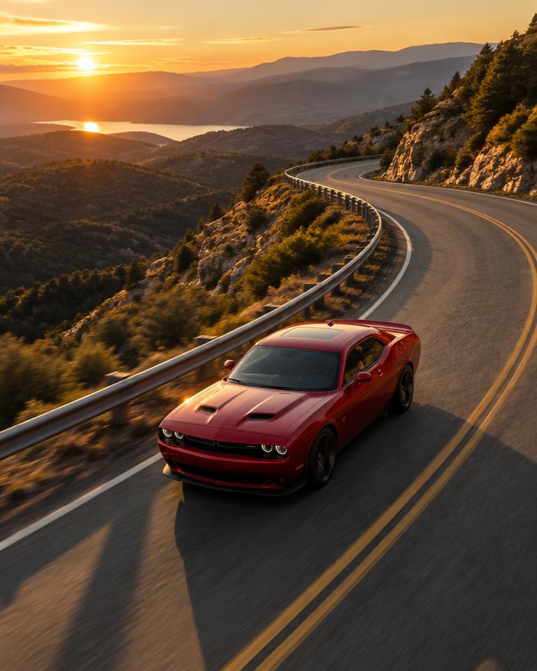 Red coupe on a mountain road at golden hour