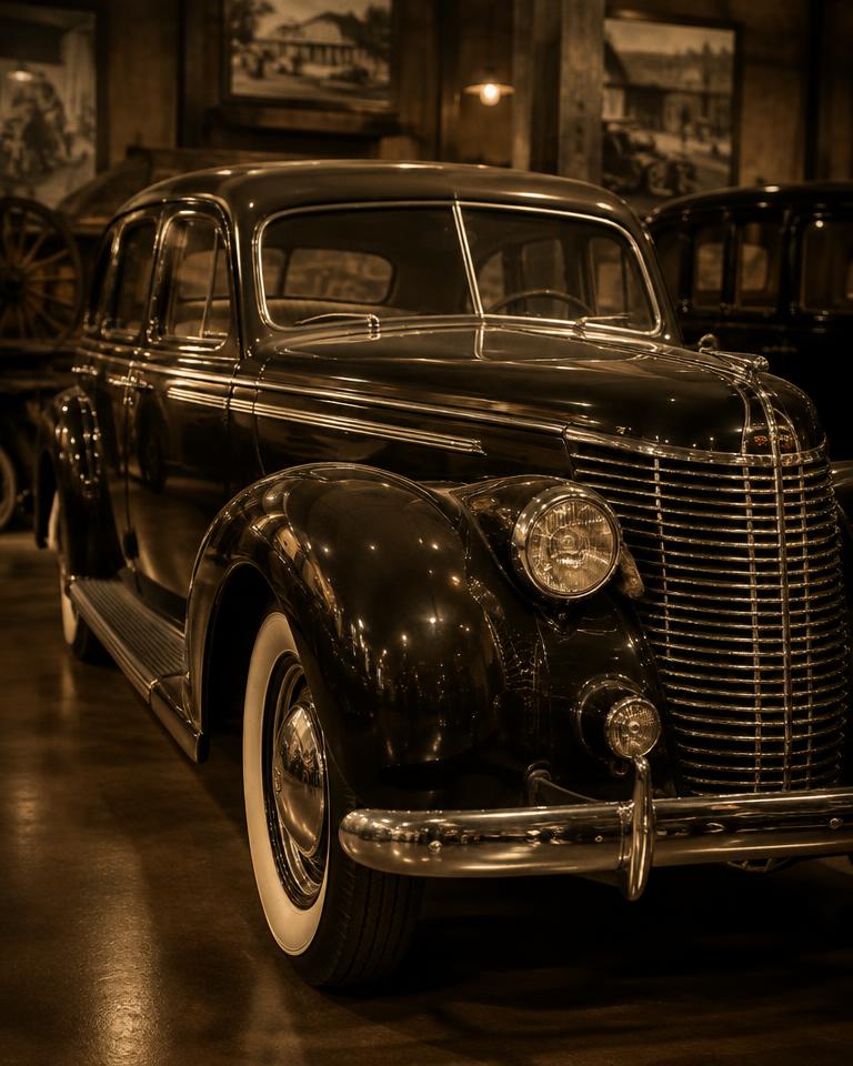 Vintage pre-war sedan displayed in a heritage museum