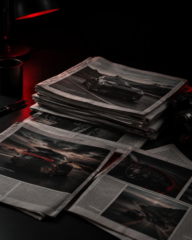 Stack of automotive newspapers under a red desk lamp