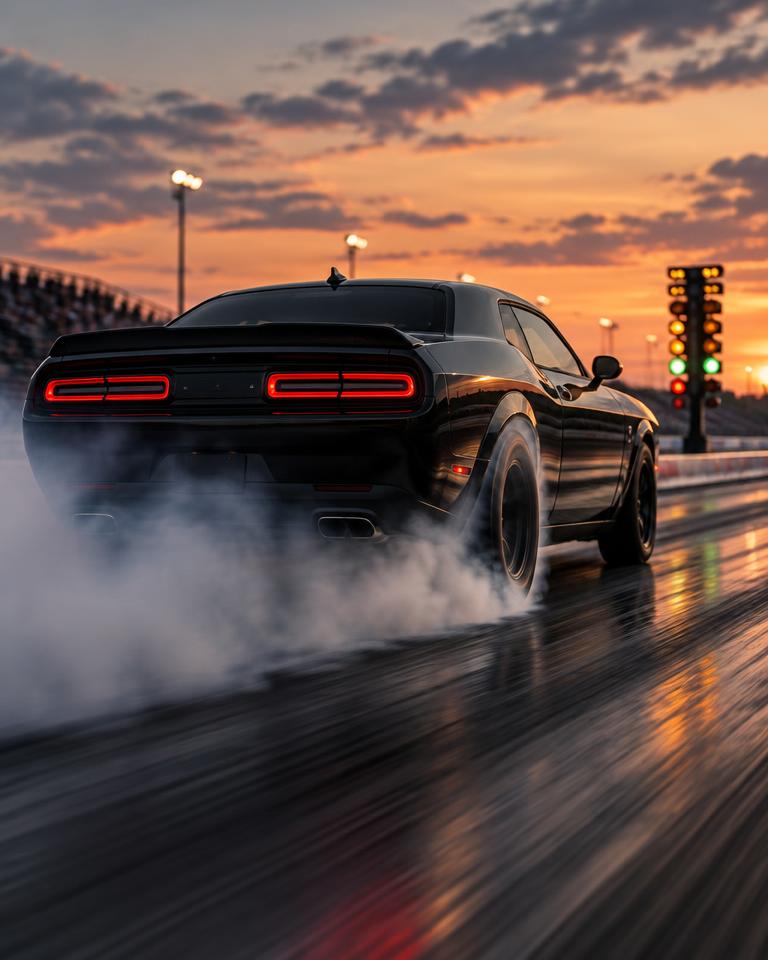 Muscle car launching down a drag strip at dusk