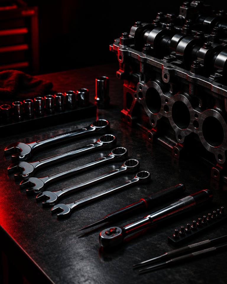 Chrome wrenches and engine parts on a dark workbench